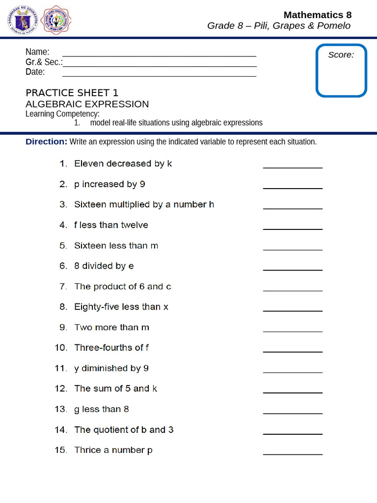Algebraic Expressions Practice Sheet | PDF