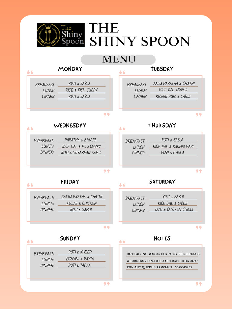 The Shiny Spoon Menu | PDF
