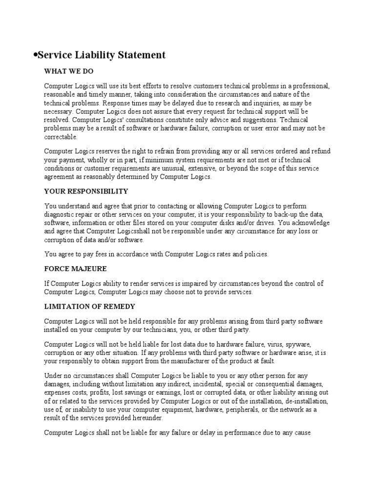 Service Liability Statement Damages Technical Support