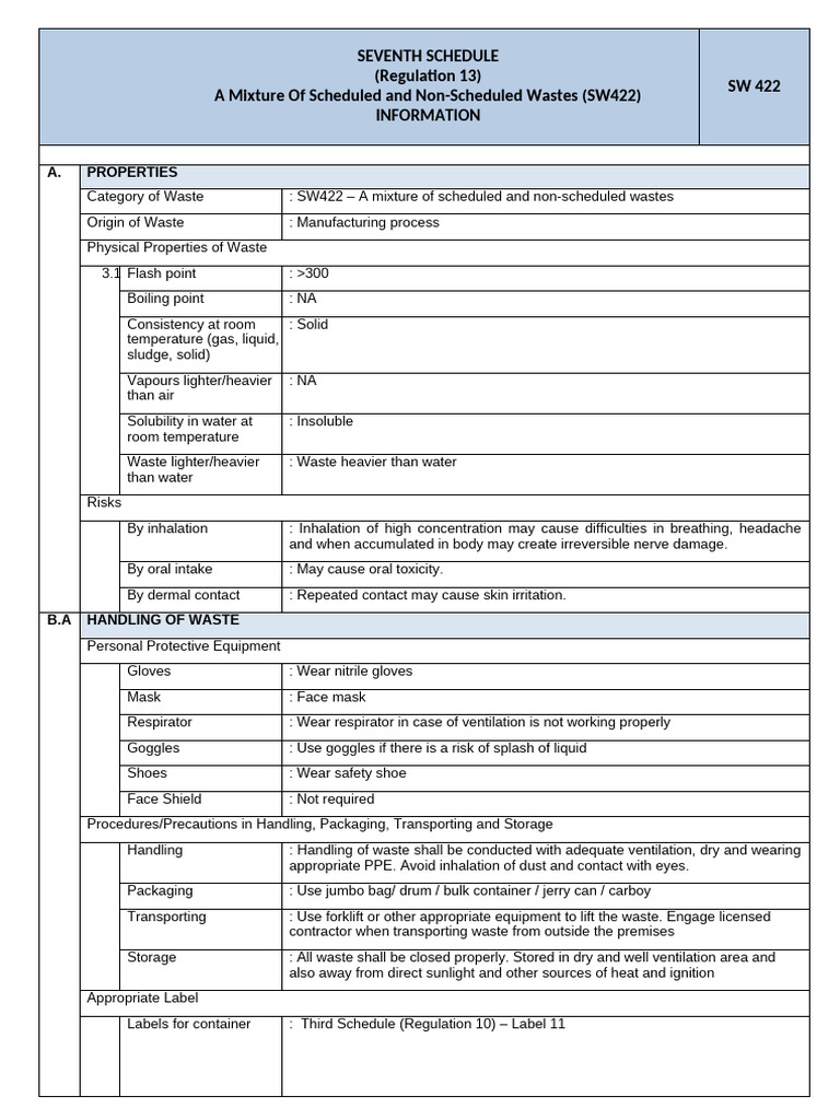 SW422 Scheduled Waste Handling Guide | PDF | Personal Protective ...