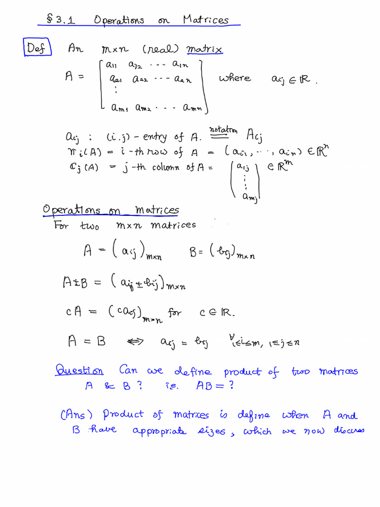 Section 3.1 Operations On Matrices | PDF
