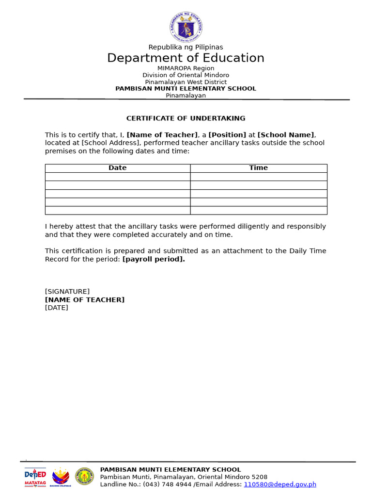 Certificate of Undertaking for Teachers | PDF