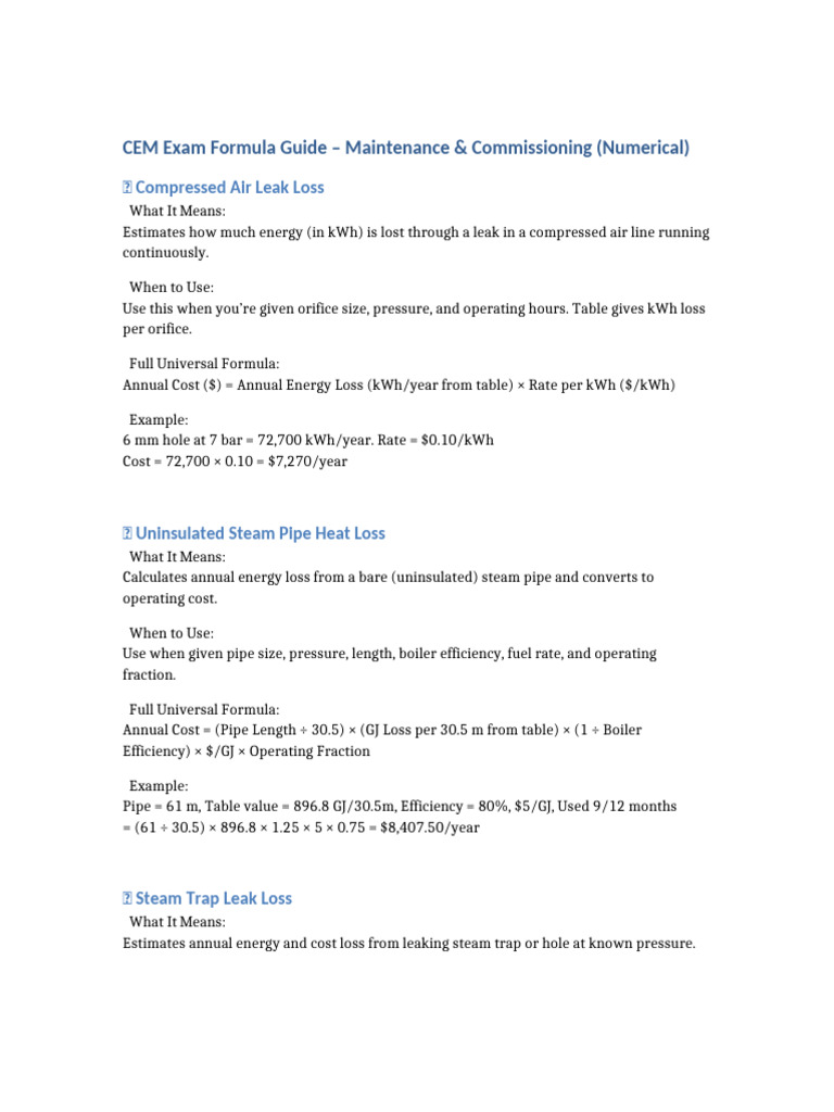 CEM Exam Formulas for Energy Loss Calculations | PDF