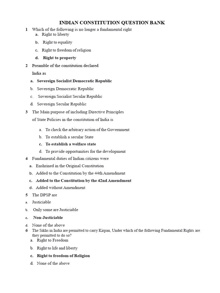 Indian Constitution Question Bank | PDF | Public Law | Justice