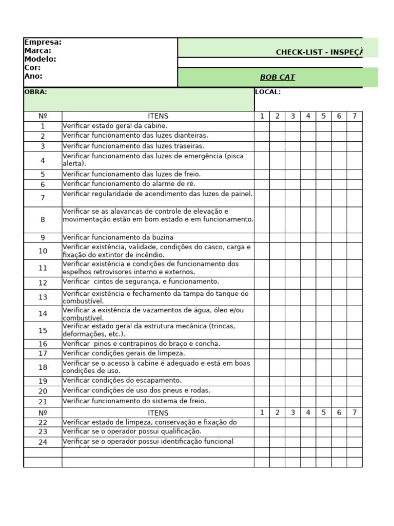Checklist Bob Cat | PDF