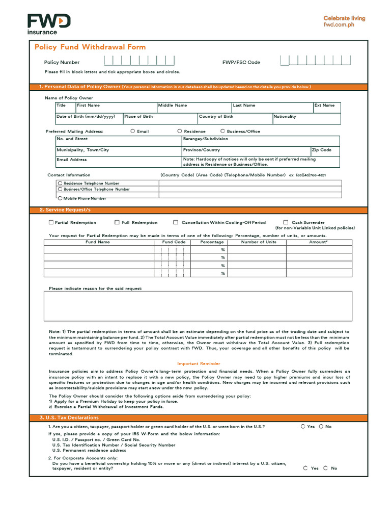 FWD Policy Fund Withdrawal Form | PDF | Insurance | Identity Document