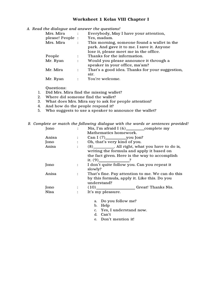 Kelas VIII Dialogue Worksheet | PDF