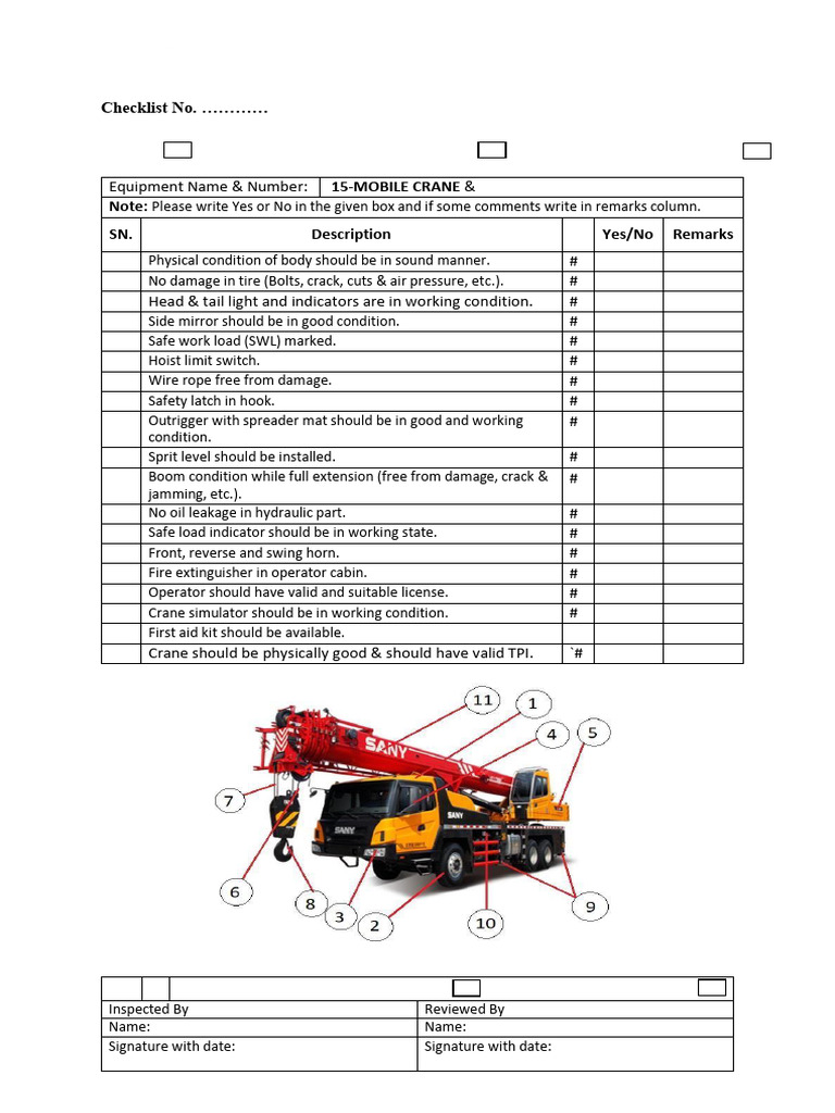 Mobile Crane Equipment Inspection Checklist | PDF