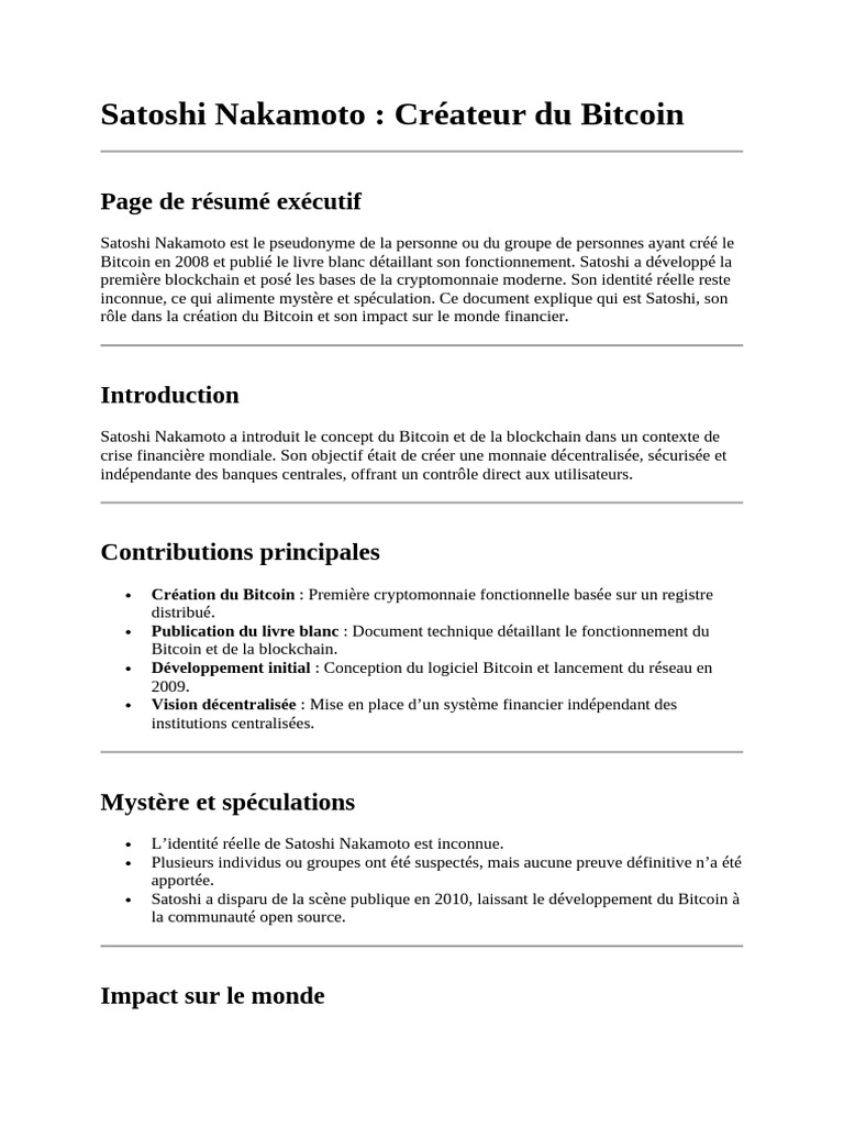 Satoshi Nakamoto Créateur Du Bitcoin | PDF