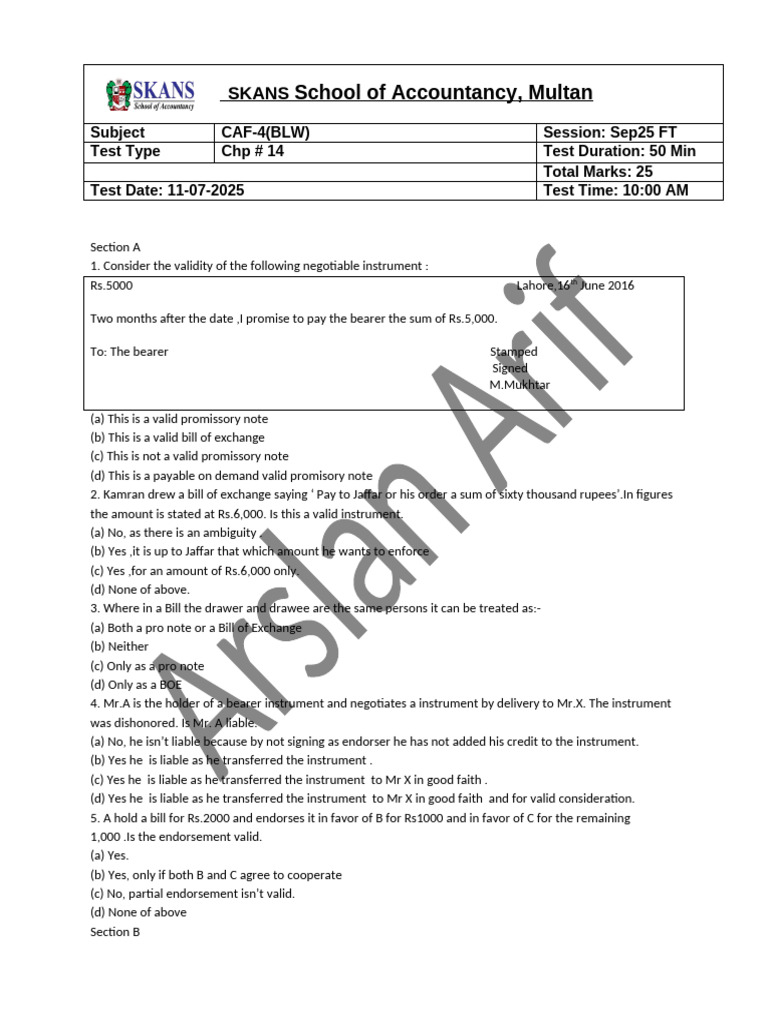 Blaw FT Test Chapter 14 11-07-2025 | PDF | Negotiable Instrument ...