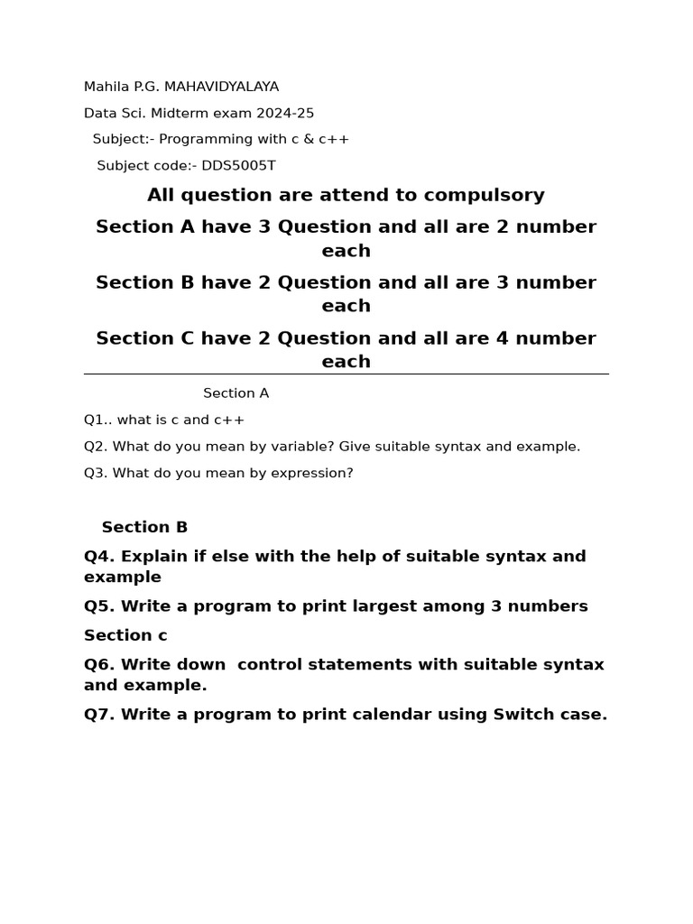 Data Science Midterm Exam: C & C++ Programming | PDF