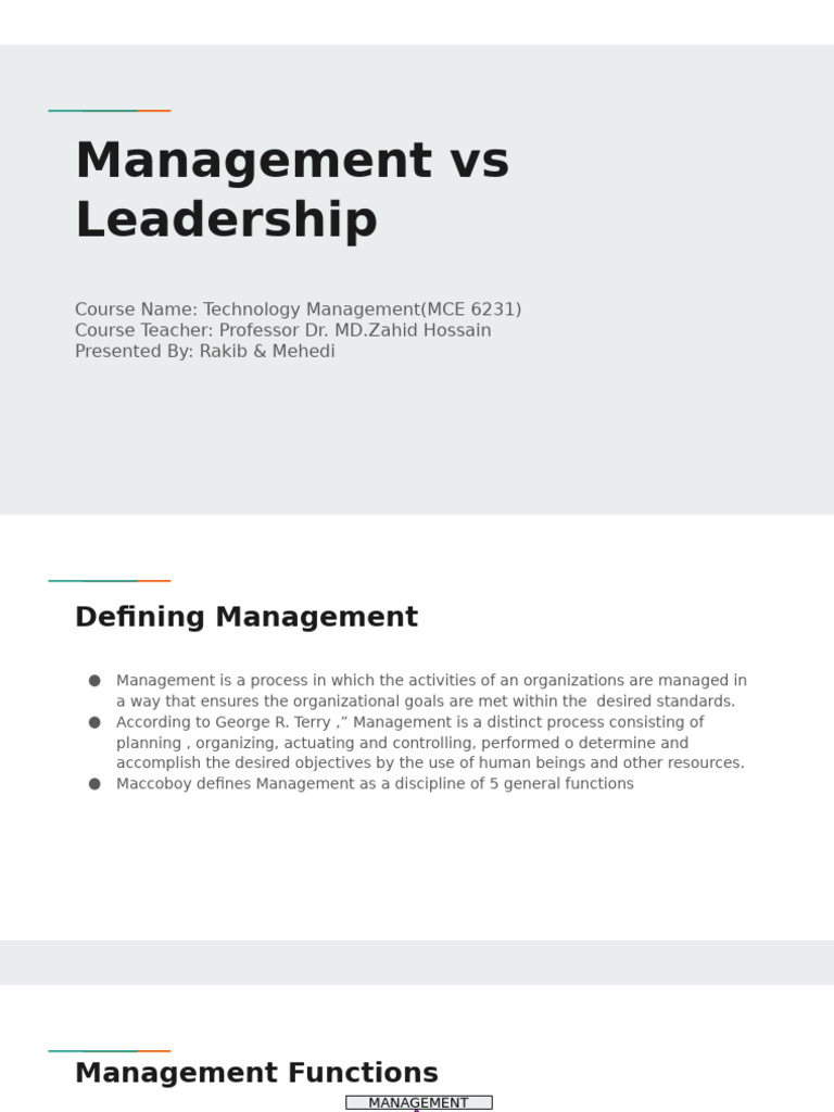 Management vs Leadership Explained | PDF | Leadership | Psychology