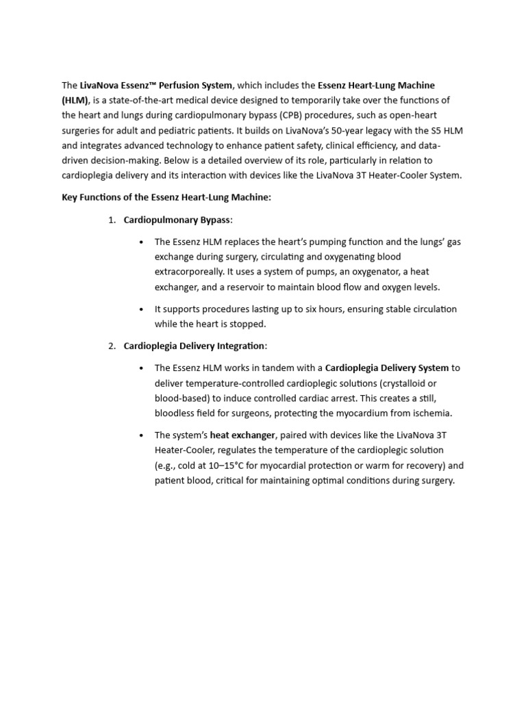 LivaNova Essenz Heart-Lung Machine Overview | PDF