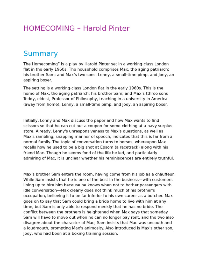 Summary of Pinter's The Homecoming | PDF