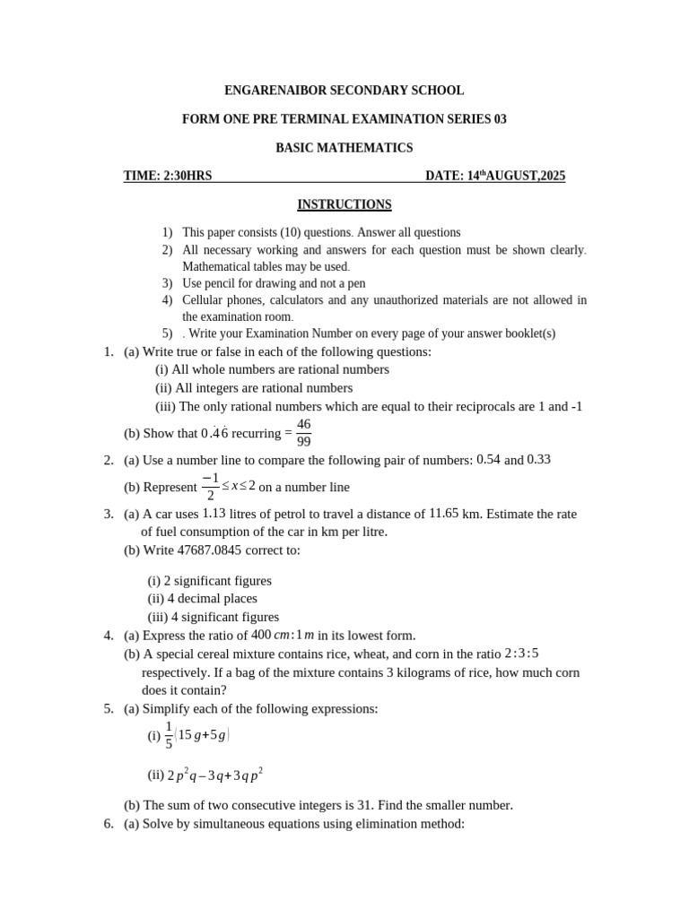 Form One Basic Mathematics Exam 2025 | PDF | Numbers | Rational Number