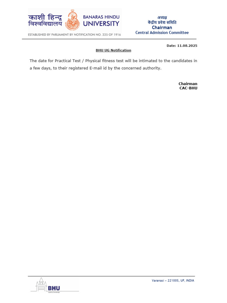BHU UG Notice 2025 | PDF