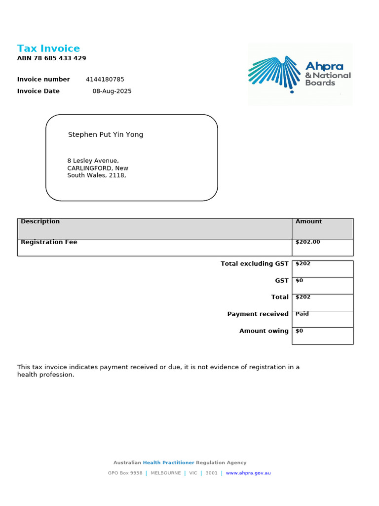 AHPRA Registration Tax Invoice Details | PDF