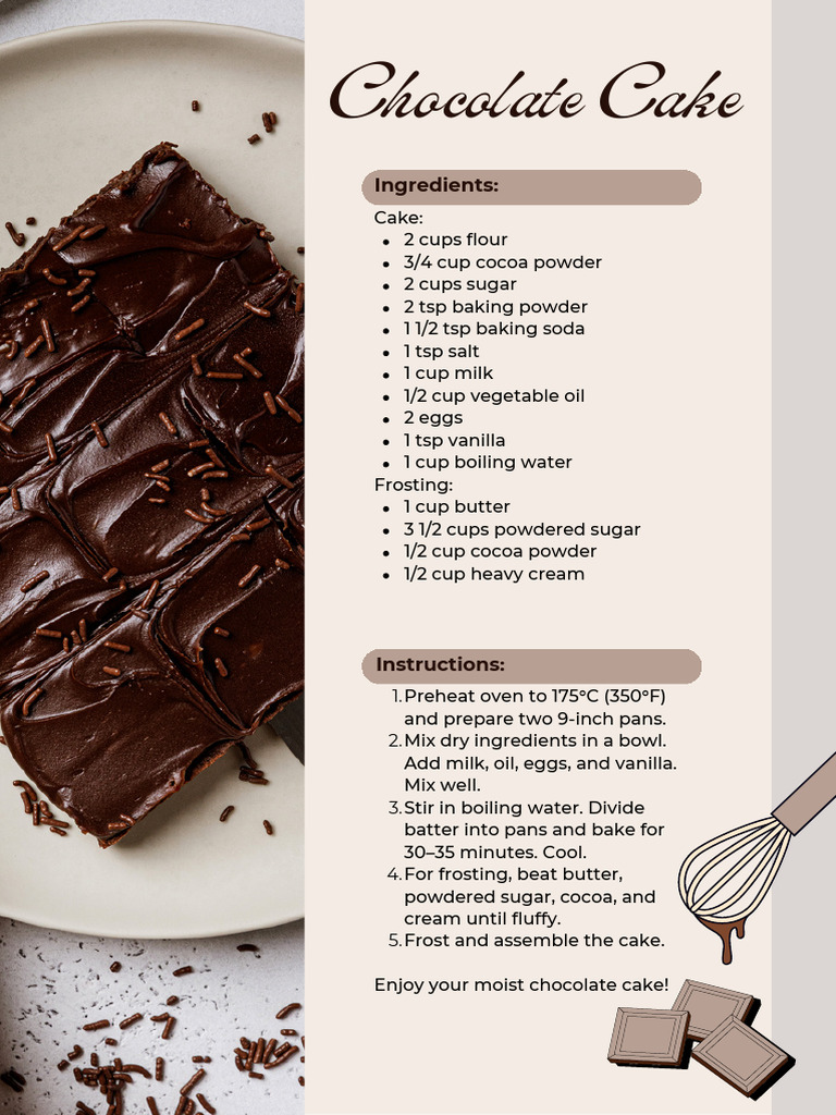 Beige Brown Modern Chocolate Cake Recipe Card | PDF