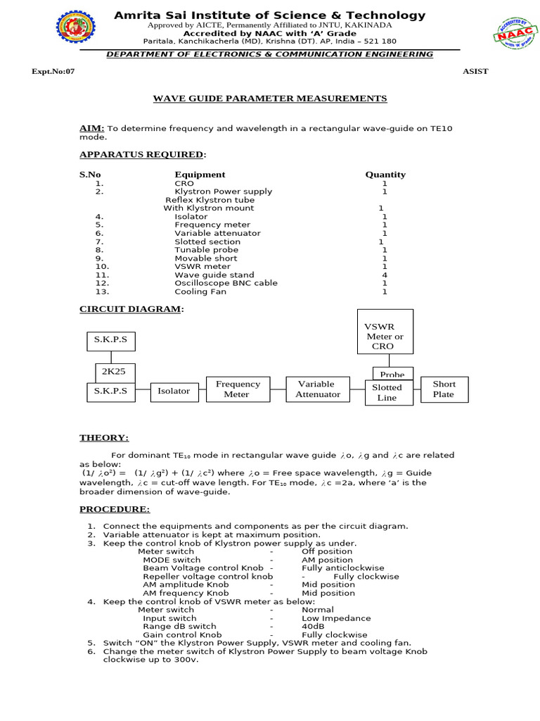 Waveguide Parameter Measurements Lab | PDF | Frequency | Waveguide