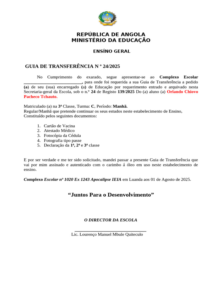 Guia de Transferência Escolar 2025 | PDF | Ensino médio | Angola