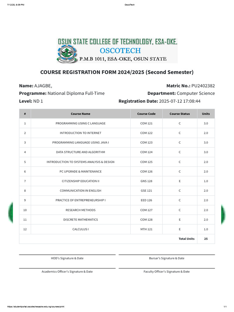 Course Registration Form 2024/2025 | PDF | Computer Programming ...
