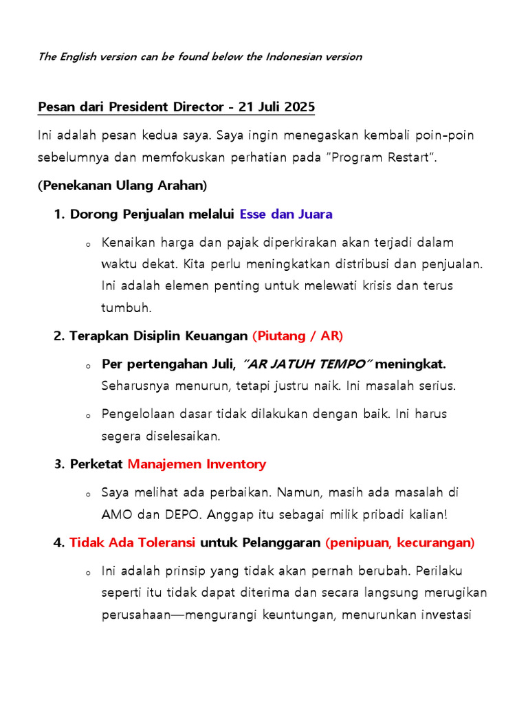 President Director Message - 21 July 2025 | PDF