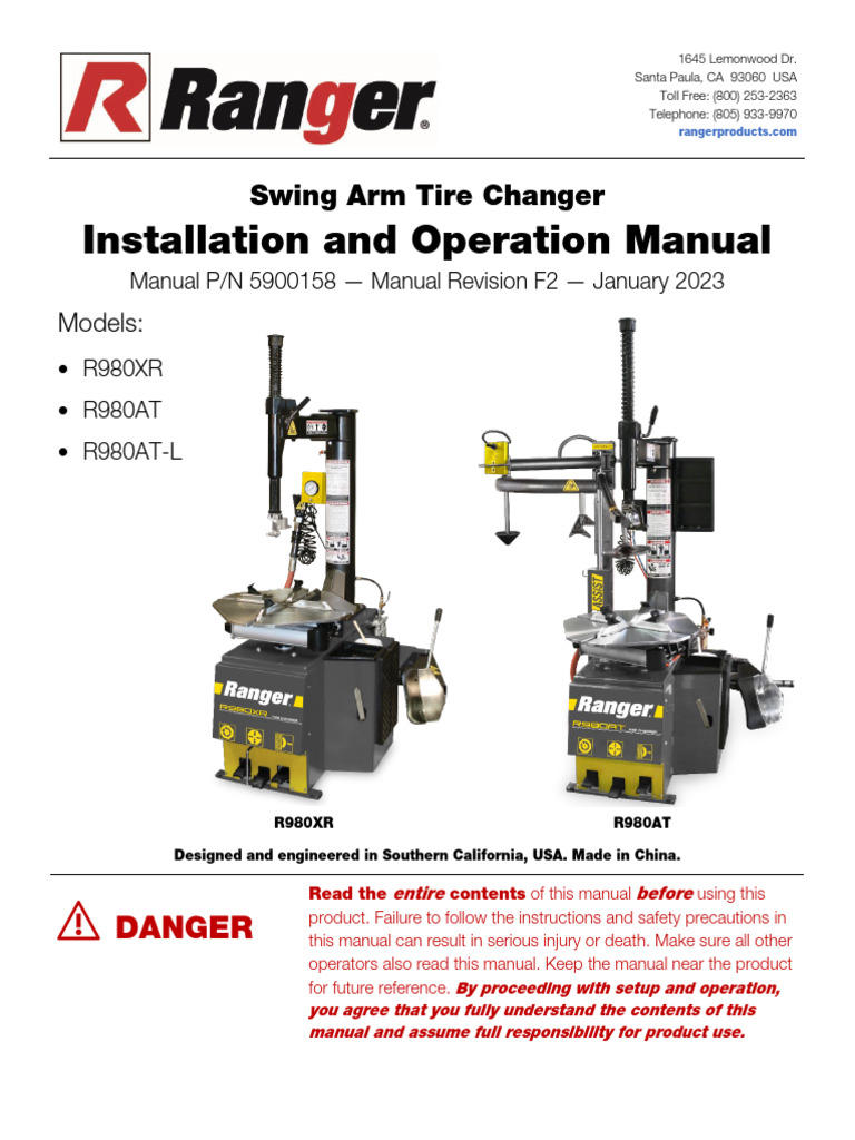 R980XR Tire Changer Manual | PDF | Tire | Vehicle Technology