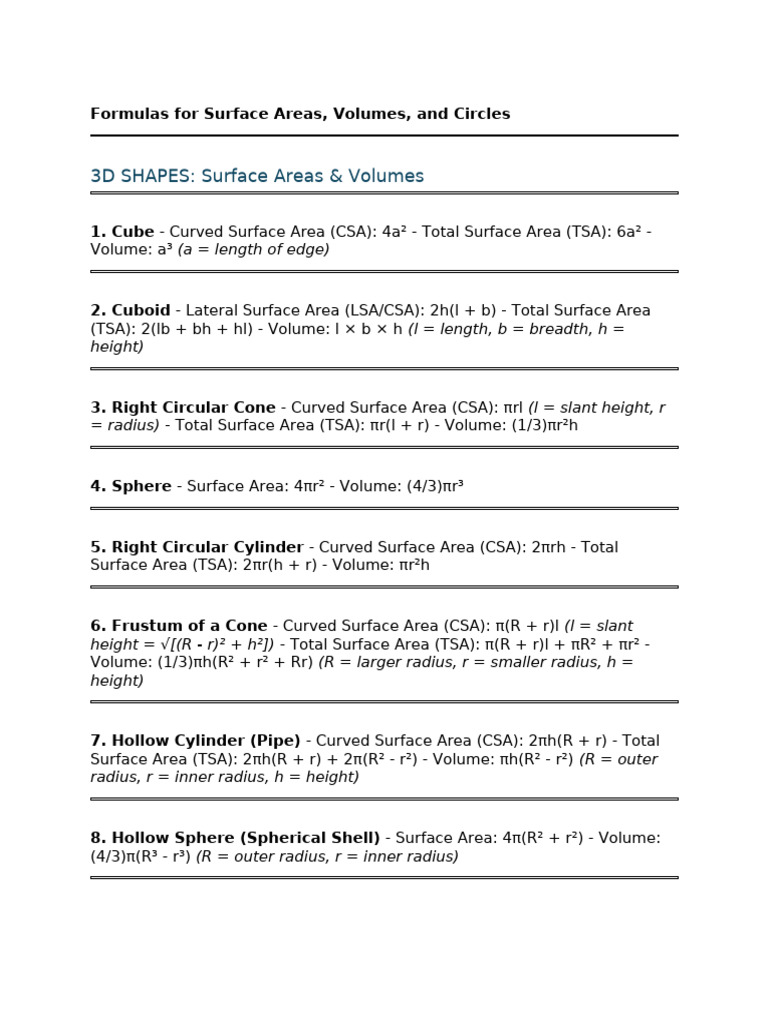 Surface Area and Volume Formulas | PDF
