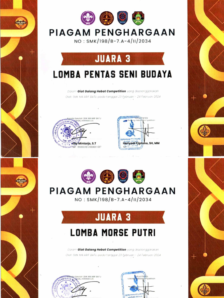 Piagam Pramuka SMK Ma'Arif Batu 2024 | PDF