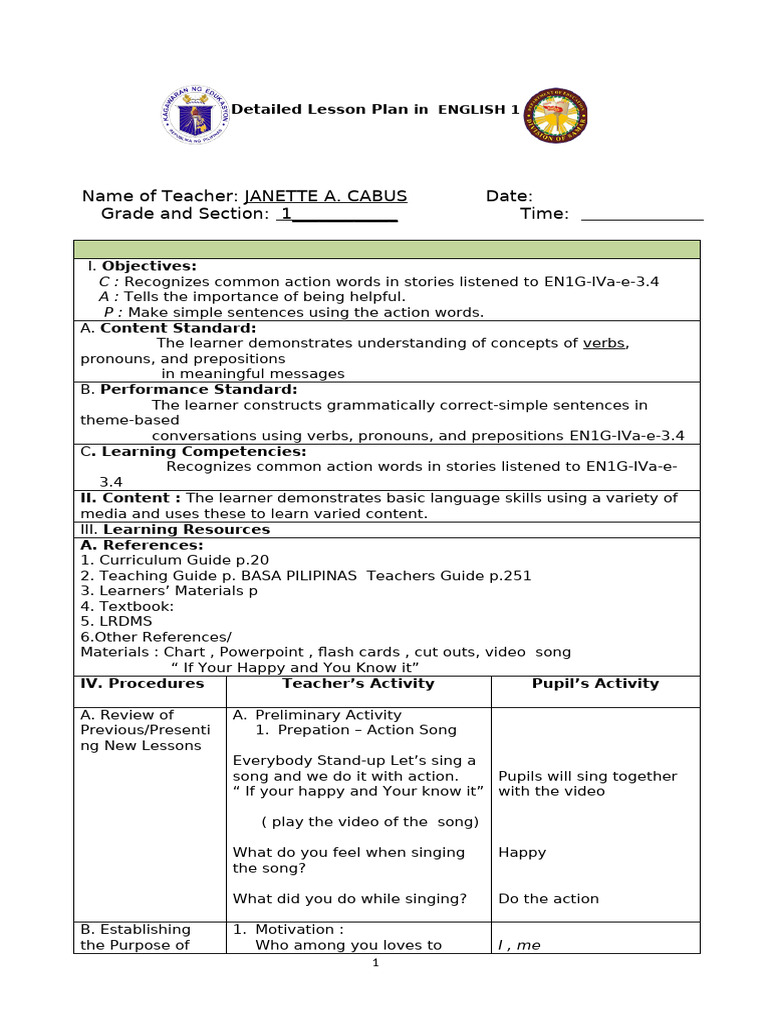English 1 Lesson Plan on Action Words | PDF | English Language | Learning