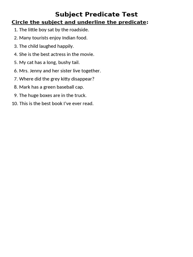 Subject Predicate Test - STD 4 | PDF