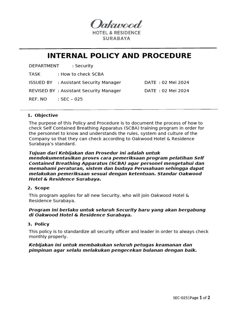 SCBA Check Procedure for Security Staff | PDF | Safety | Equipment