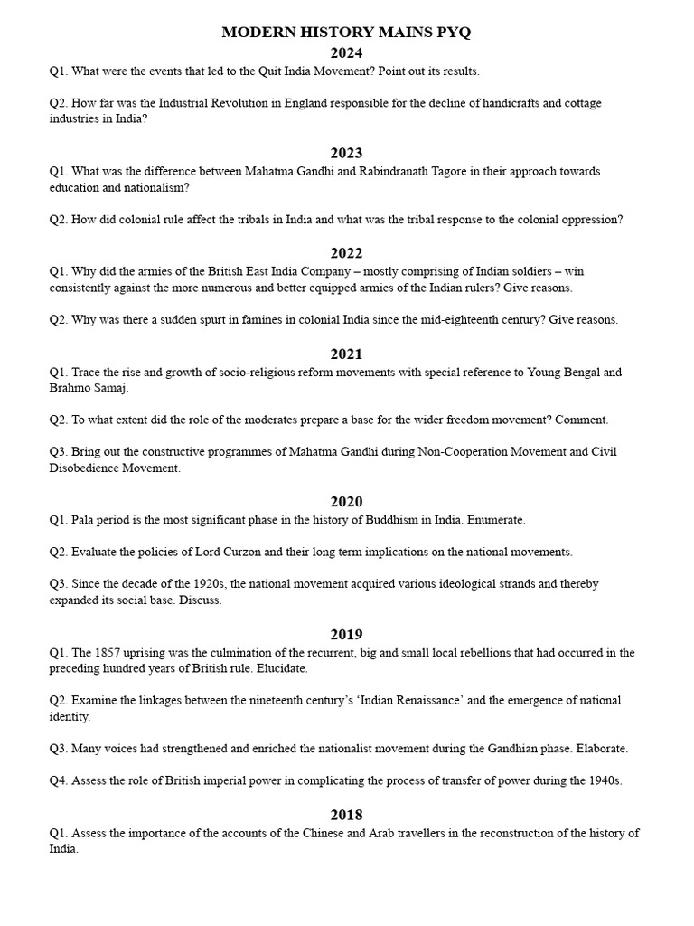 Modern History PYQs for UPSC Mains | PDF | Indian Independence Movement ...