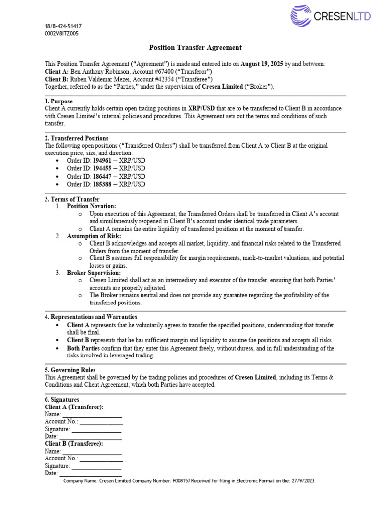 Position Transfer Agreement for XRP/USD | PDF | Mark To Market ...