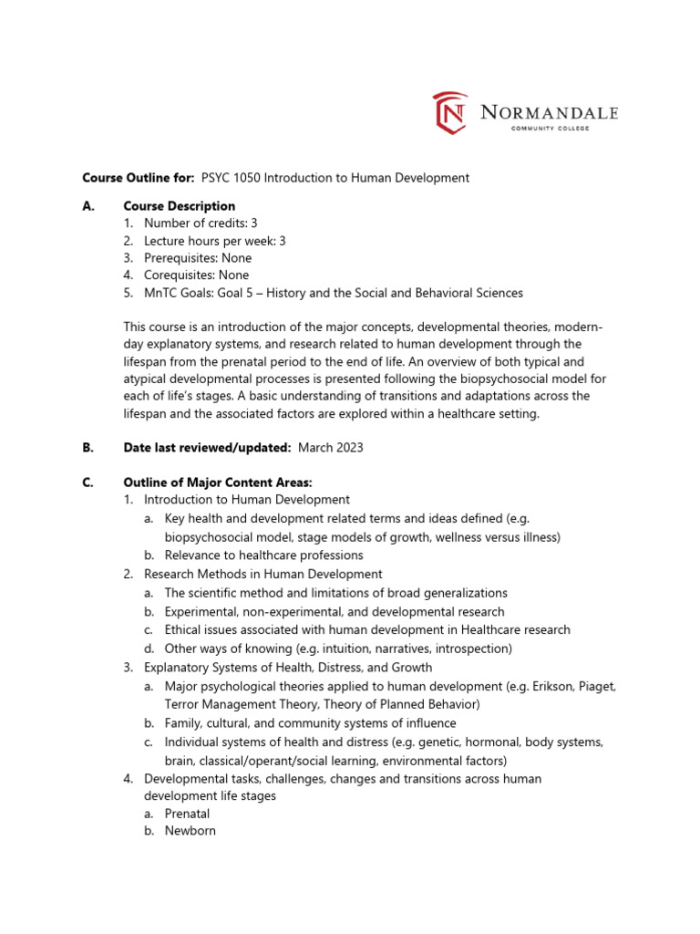 Human Development Course Outline PSYC 1050 | PDF | Motivational ...
