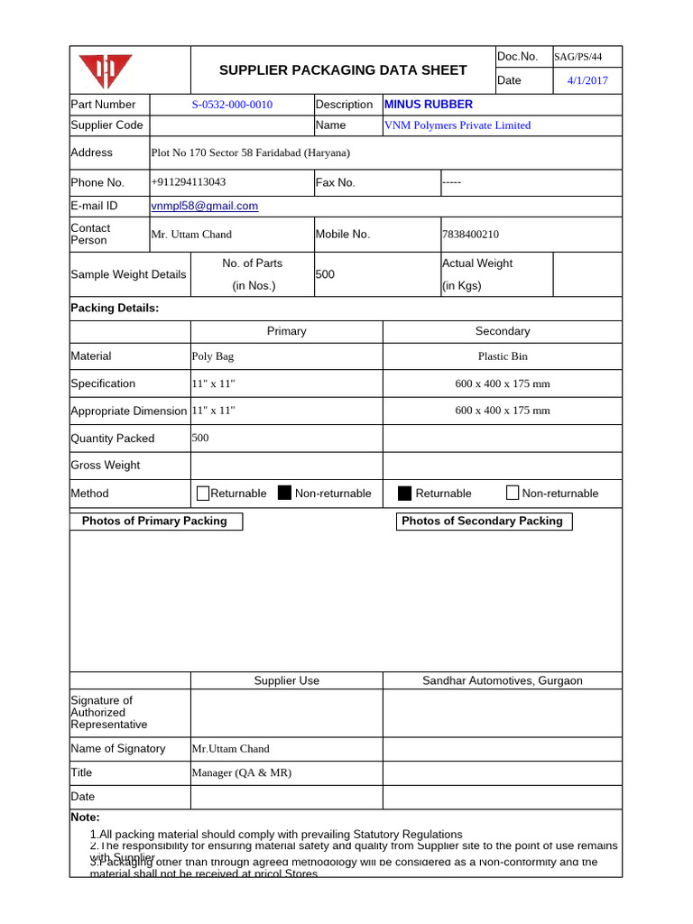 Supplier Packaging Data Sheet Overview | PDF | Specification (Technical ...