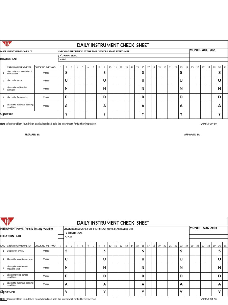 Daily Instrument Check Sheet for Lab | PDF | Mechanical Engineering