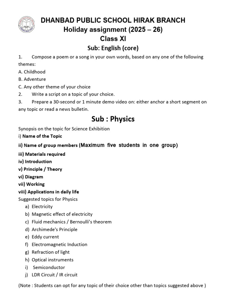 Dhanbad Public School Class XI Holiday Assignments | PDF | Function ...