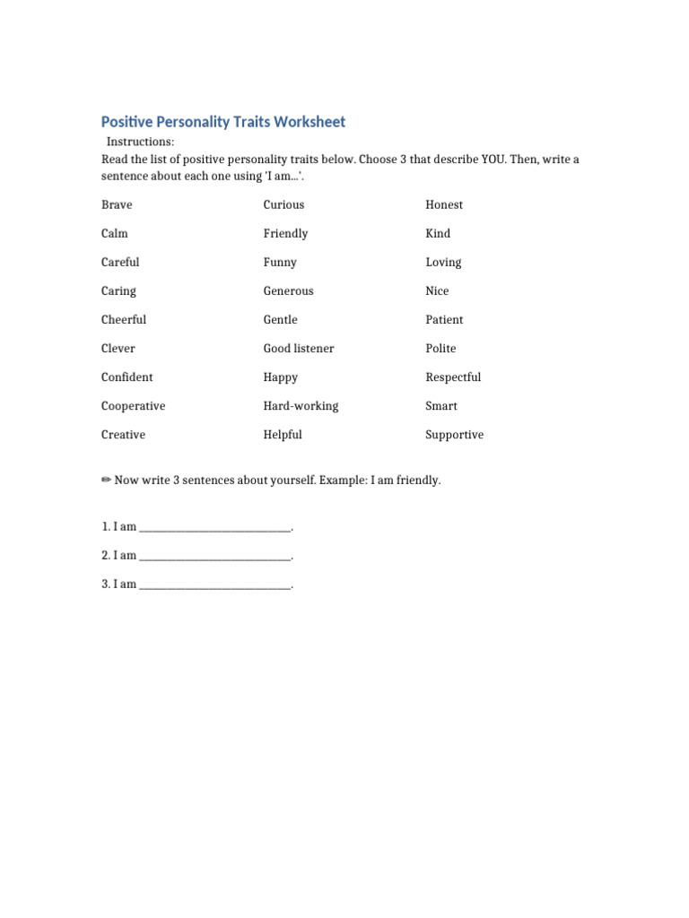 Positive Personality Traits Worksheet | PDF