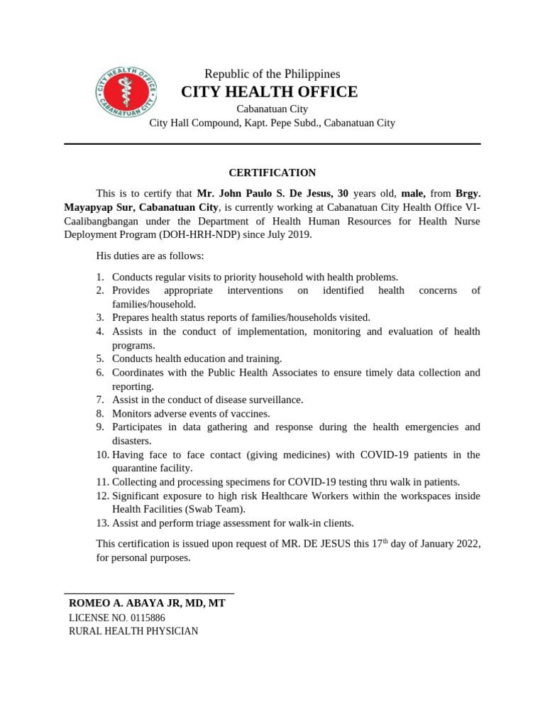 Cabanatuan City Health Office Certification | PDF | Health Care | Medicine