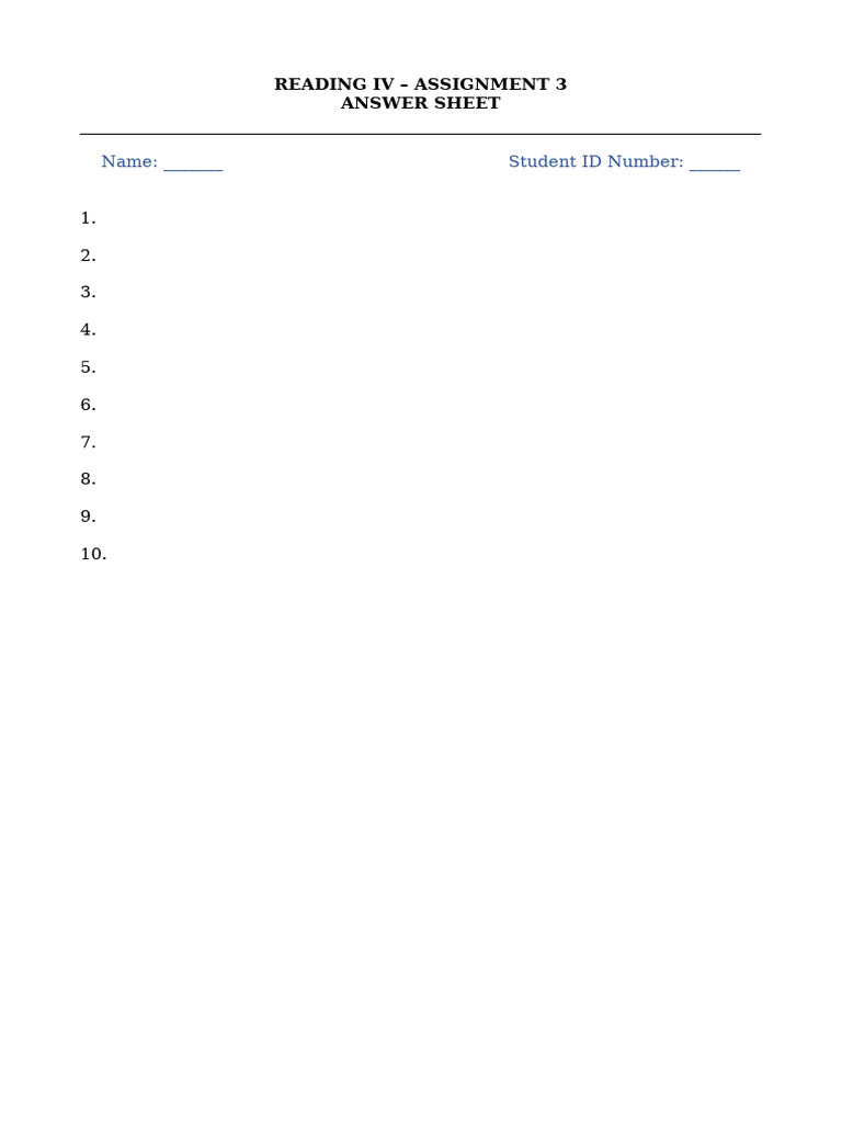 Reading IV - Answer Sheet | PDF