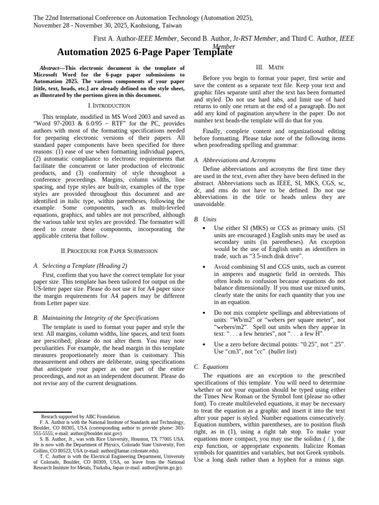 Automation 2025 Regular Paper Template | PDF | International System Of ...