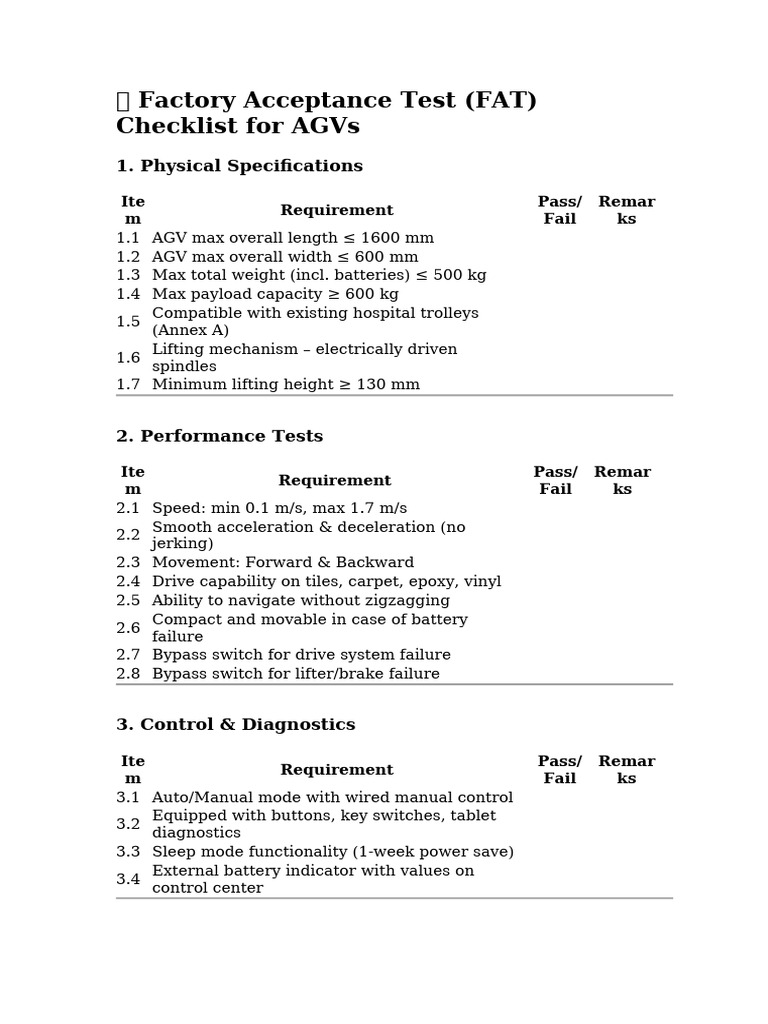 AGV Factory Acceptance Test Checklist | PDF