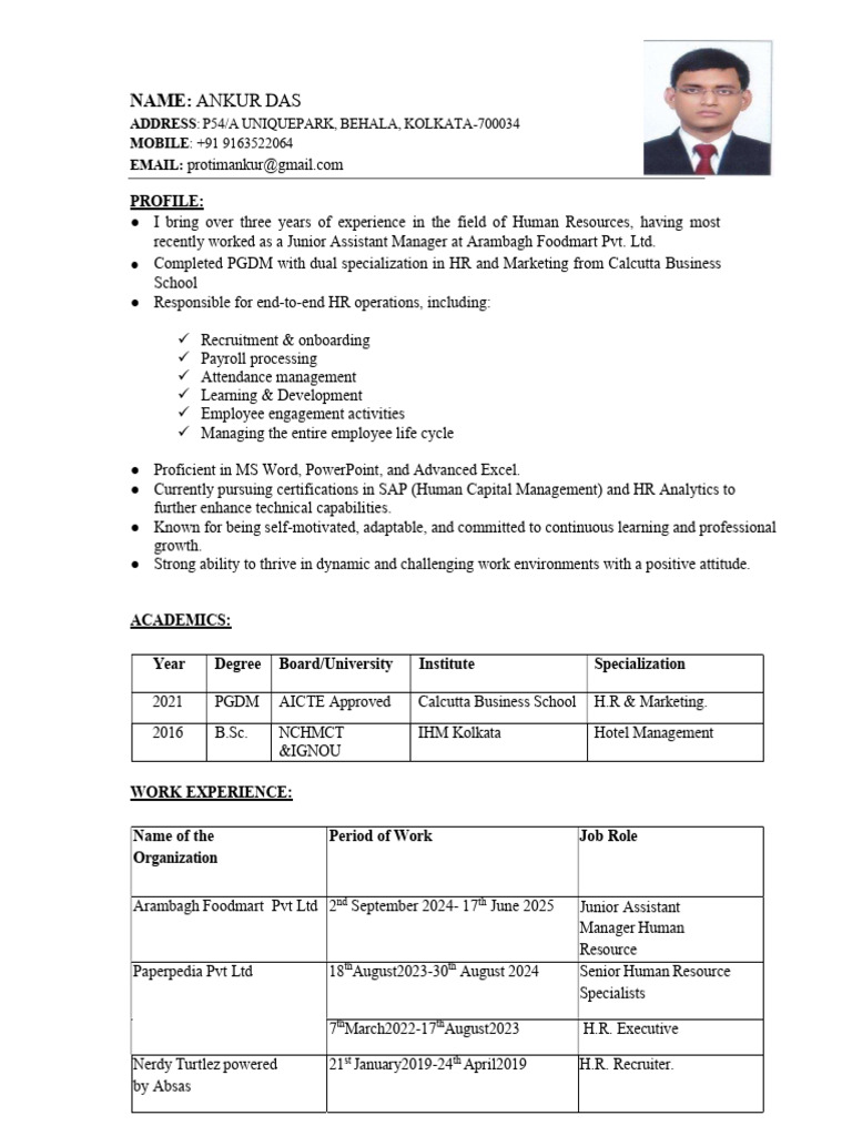 HR Professional Profile: Ankur Das | PDF | Human Resource Management ...