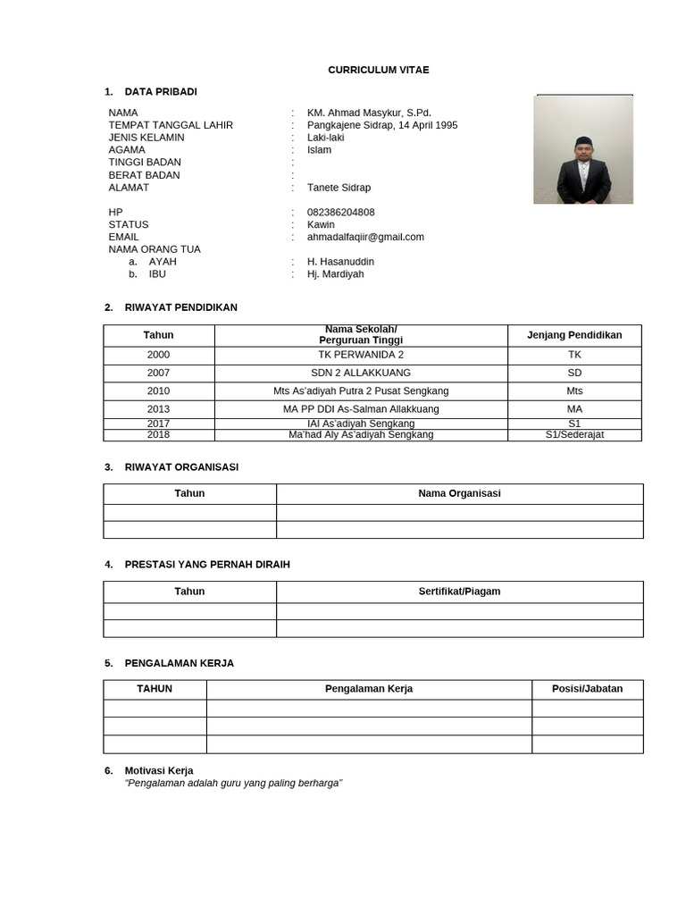 CV KM. Ahmad Masykur, S.Pd. | PDF