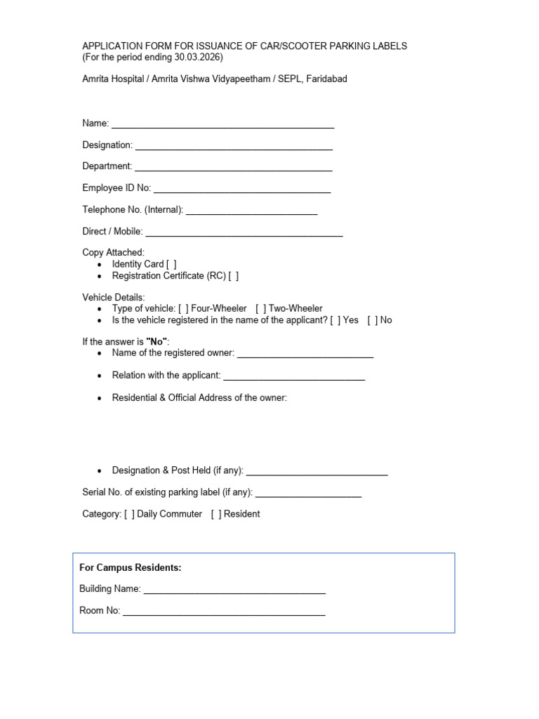AIIMS Jodhpur Parking Sticker Application | PDF