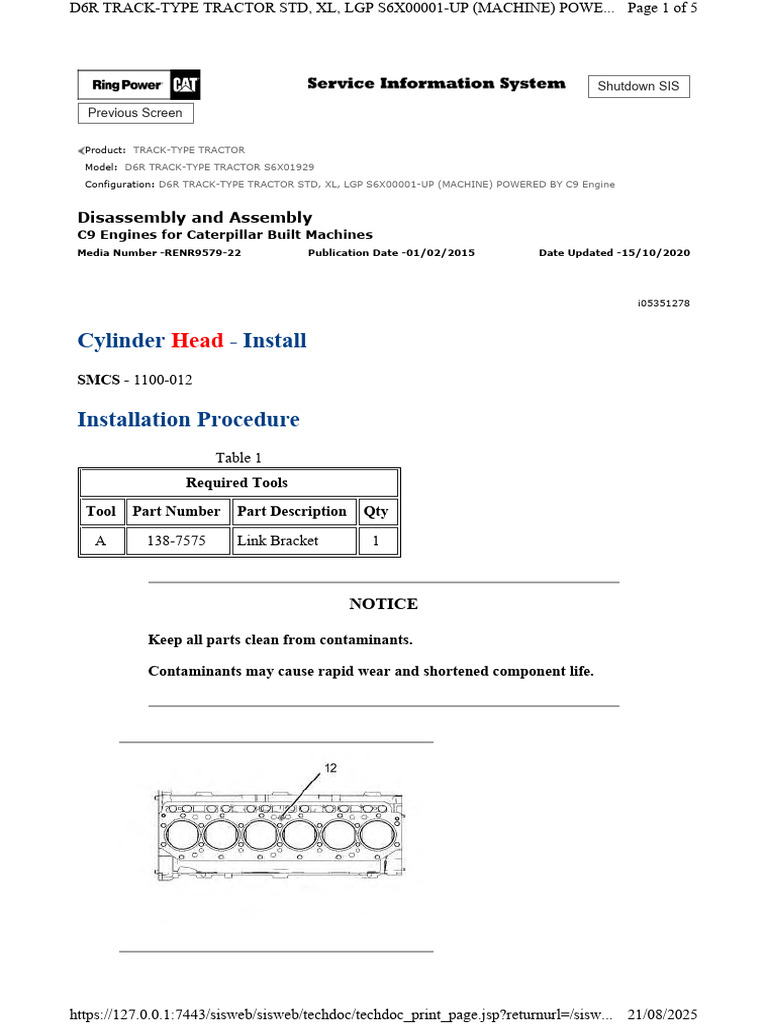 D6R Tractor C9 Engine Cylinder Head Guide | PDF | Tractor | Engines