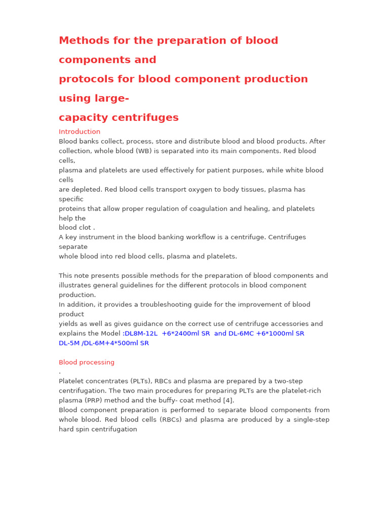 Blood Component Preparation Methods | PDF | Blood | Platelet