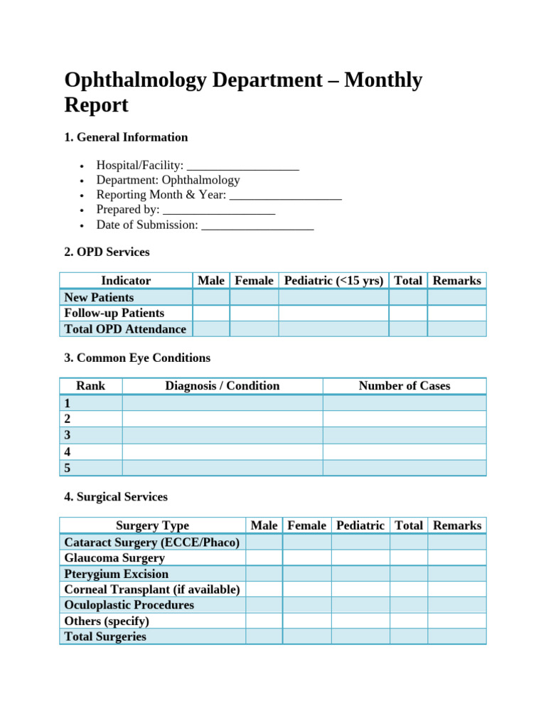Monthly Ophthalmology Report Overview | PDF