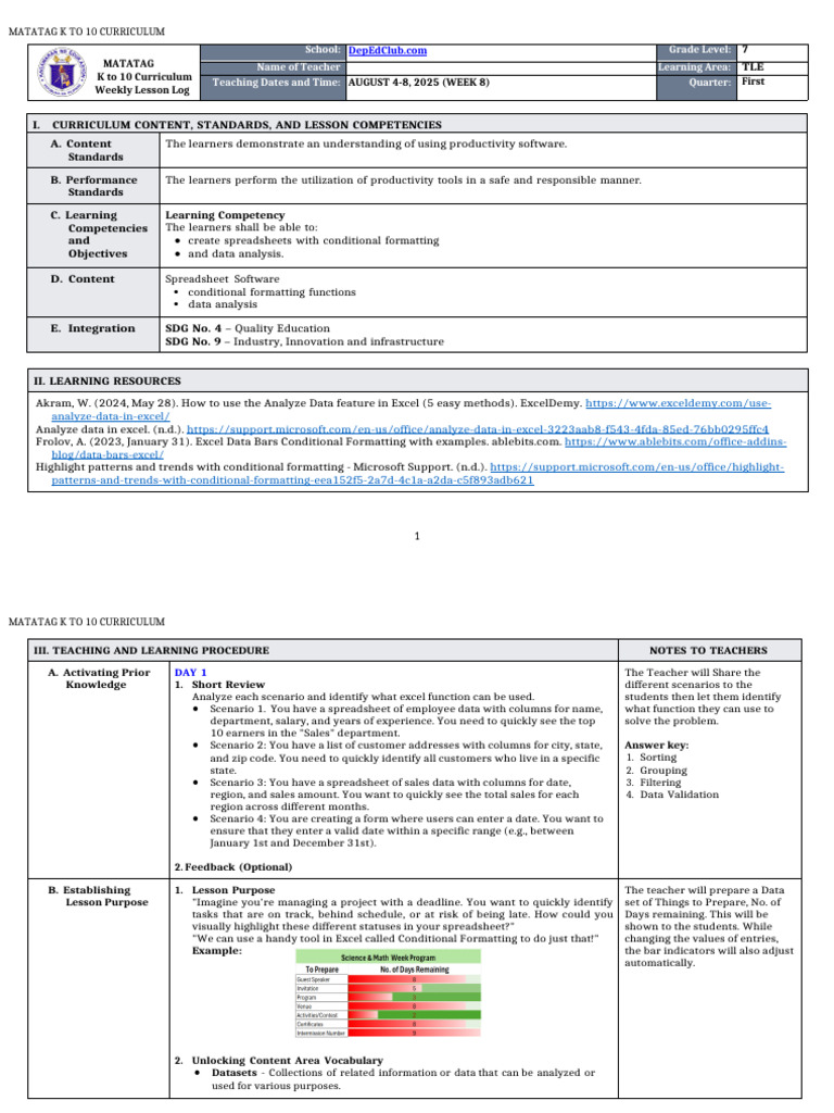 DLL Matatag - Tle 7 q1 w8 | PDF | Microsoft Excel | Spreadsheet